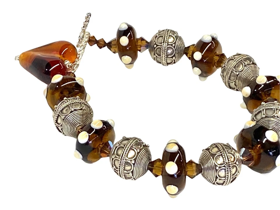 annaE Lampwork Bead bracelet amber/cream w/sterling silver & Swarovski Crystal - Image 2 of 3