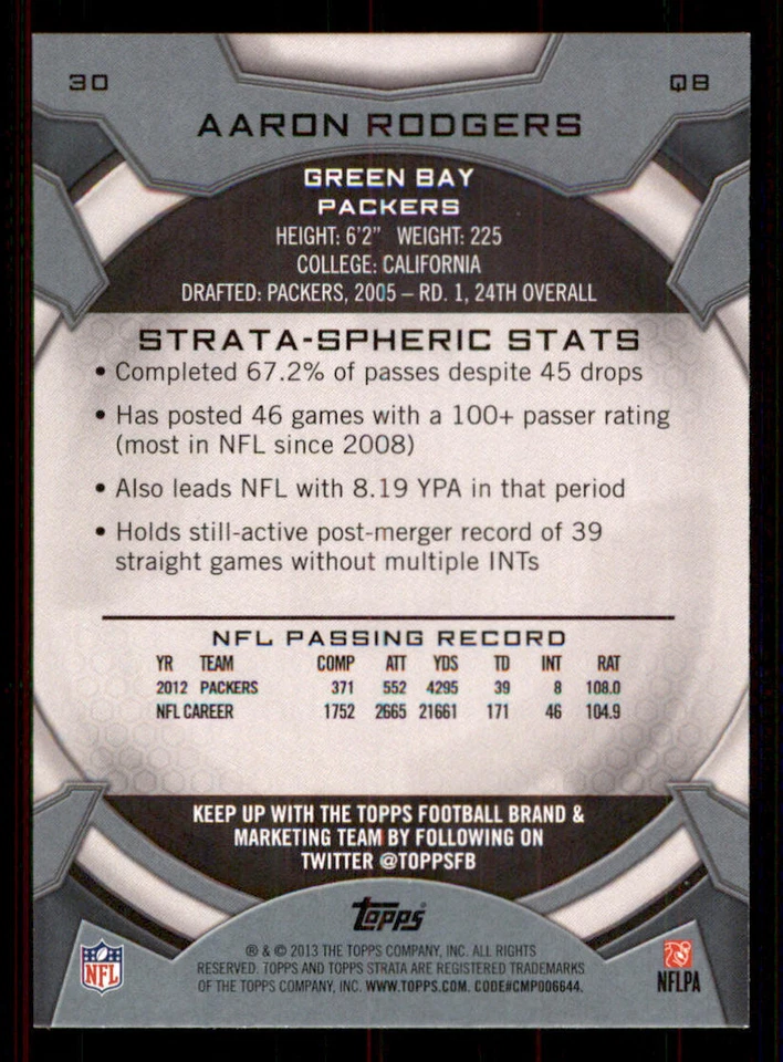 2013 Topps Strata #30 Aaron Rodgers - Image 2 of 2