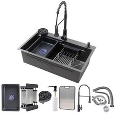 29.5 x 17.7 inch Black Kitchen Sink, Single Bowl Stainless Steel Sink, Multifunc