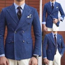Men's Denim Blazer Jacket Double-breasted Peak Lapel Suits Tailored Fit 38 40 42