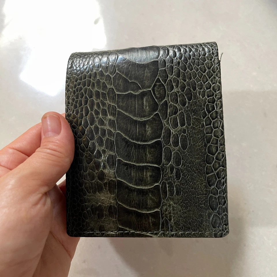 Cartera plegable de cuero de avestruz genuino para hombre, hecha a mano, Foto 3 de 4