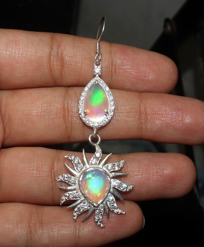 Natural multi fire opal earring long silver earring pear opal cabochon earrings - Picture 4 of 9