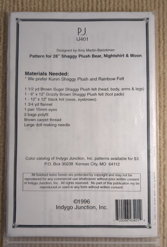 Indygo Junction #IJ401 - P.J. - Sewing Pattern 28" Shaggy Plush Bear, Nightshirt - Picture 2 of 3
