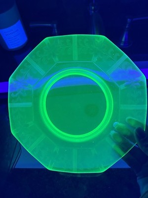 Imperial Glass Molly Uranium Depression Glass Plates, UV Reactive Glass Set Of 4
