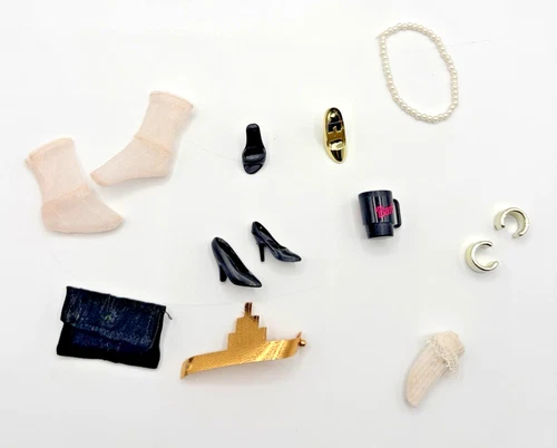 Vintage Barbie Classy Accessories Lot Black Metallic Gold Shoes Bag Sheer Socks