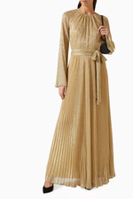 J Simkhai Pleated Maxi Dress Gown Flared M Metallic Luxor Gold Evening Wedding