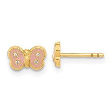 14k Yellow Gold Polished Pink Enameled Cubic Zirconia Butterfly Stud Earrings