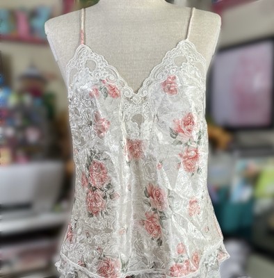 Vtg Floral Satin Cami 80s NOS Coquette Second Skin Pin-Up Filly Lace Nylon sz 36