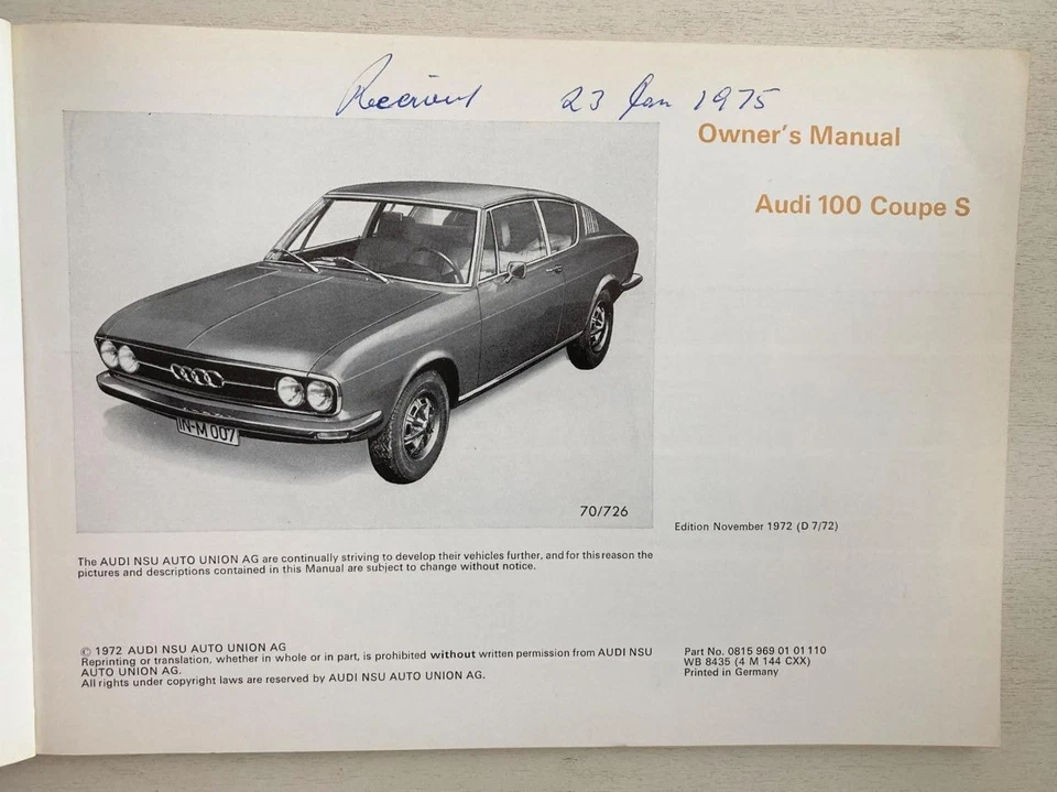 Audi 100 Coupé S Car Owners Manual Handbook November 1972 #0815 969 01 01 110 - Image 3 of 4