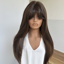 Dress Up Wig With Bangs Natural Synthetic Hair Mixed Brown Long Straight Layered
