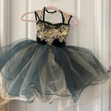 revolution dance costume green gold velvet child medium Preowned 