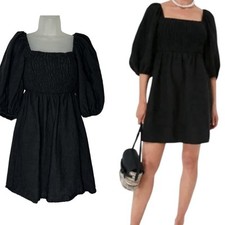 TUCKERNUCK Women Sz S Black Annie Smocked Puffed Sleeves Linen Mini Dress