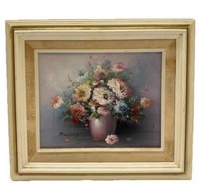 VTG P. Keeling Still Life Oil Canvas Painting Textured 3-D Floral Framed 12x15