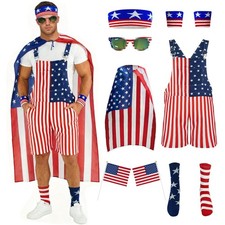 American Flag Overalls for Men 4th of July Shorts Romper with USA Flag Cape S...