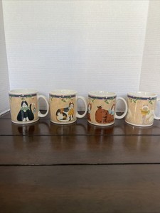 Sakura Garden Cats Fiddlestix Coffee Mugs Set Of 4