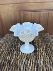 Vintage Fenton Glass Candle Holder Compote Bowl White Milk Glass Hobnail 5  1/2"
