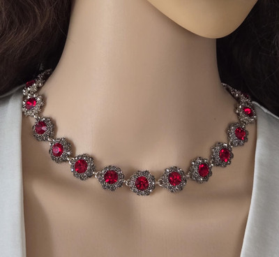Red Rhinestone Necklace Victorian Style 16 In Statement Special Occasion Silver