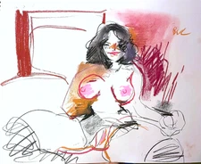 Pastel Painting on Paper French Interior Original Woman Boudoir Cubist 14x17