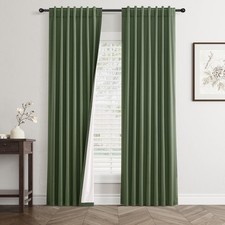 Olive Green Linen Blackout Curtains 84 Inch Length 2 Panels Set for Living Ro...