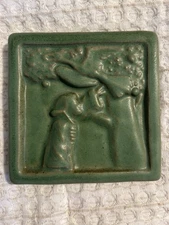 Pewabic Pottery Tile Detroit 2004 Green Flying Bird Apple Tree Man Reaching