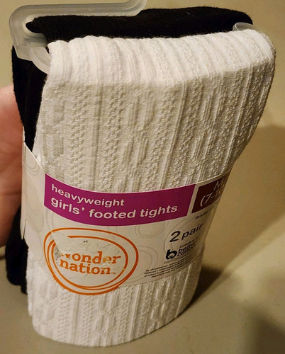 Girls Medium (7-10) Footed Heavy weight Cotton Tights - 2 Pairs White Black (F8)