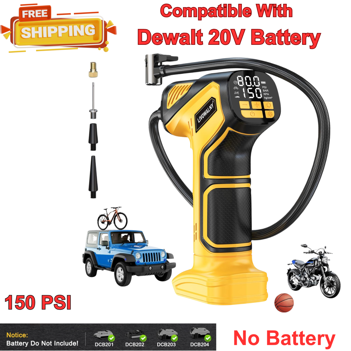 Cordless Tire Air Compressor Compatible Dewalt 20V Max Battery