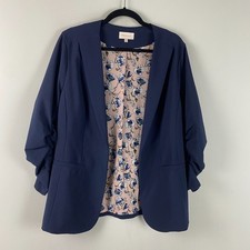 Skies Are Blue 3/4 Ruched Sleeve Open Front Blazer Size XL Navy Blue Stretch