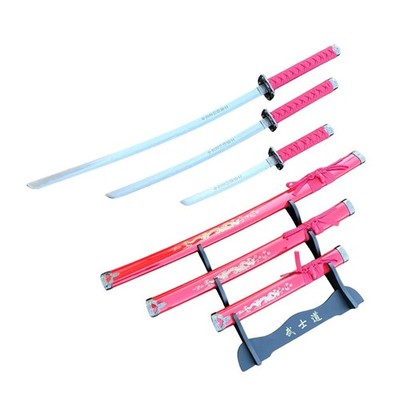 3Pc Red Dragon Design Japanese Samurai Katana Sword Set Ninja Style with Display
