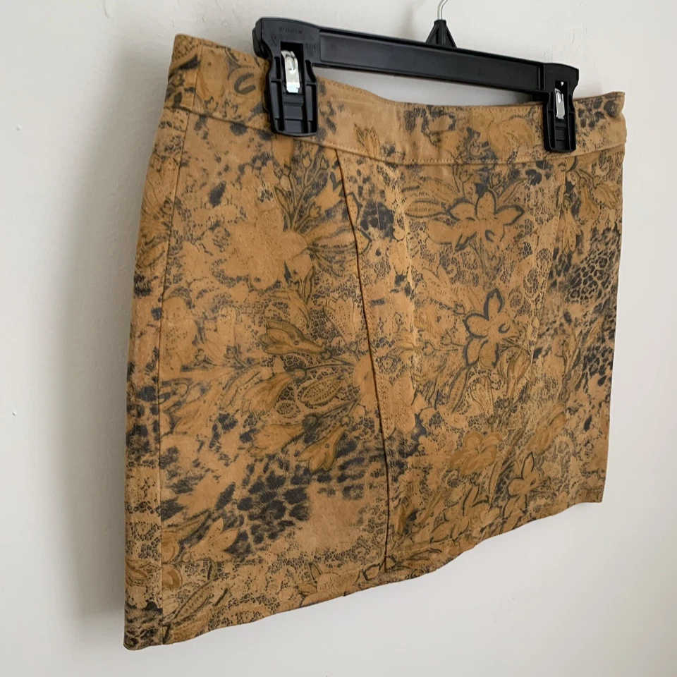 Minifalda EXPRESS Cuero Beige Terracota Floral Estampado Animal Caderas Talla 0 Y2K Foto 3 de 4