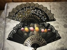 Vtg Hand Held 2 fans fabric / plastic -9 long Lot 266