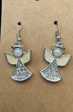 KC Signed Vintage Sparkle Glitter Angel, Silver Tone, Rhinestone, Faux Pearl L77