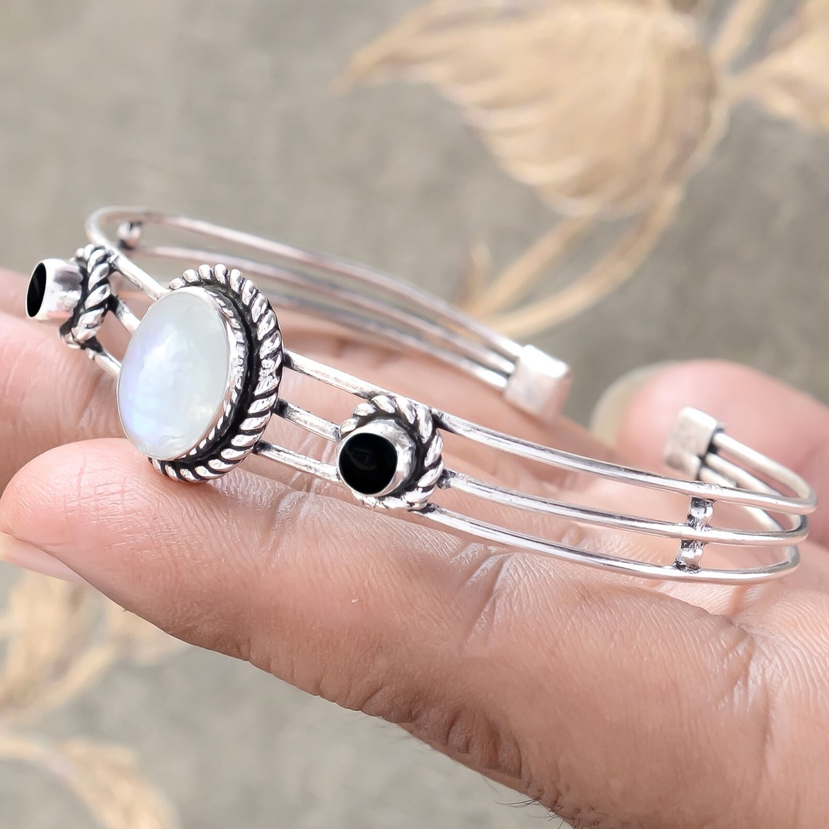 Moonstone Black Onyx 925 Sterling Silver Bangle Cuff Handcrafted