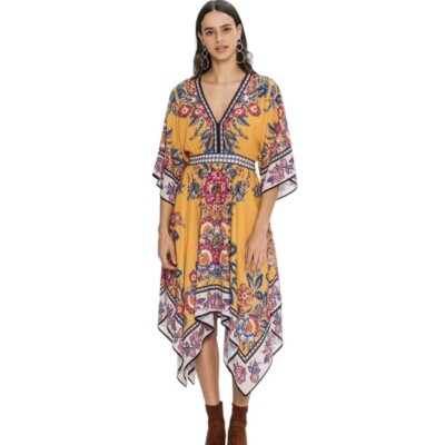 Flying Tomato Floral Kimono Sleeves Handkerchief Dress Medium