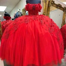 Red Sequins Ball Gown Quinceanera Dresses Applique Flower Sweet16 Birthday Party