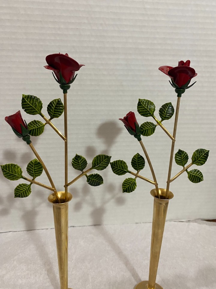 TED ARNOLD MCM METAL ROSE BUD FLOWERS IN VASE SET OF 2 eBay