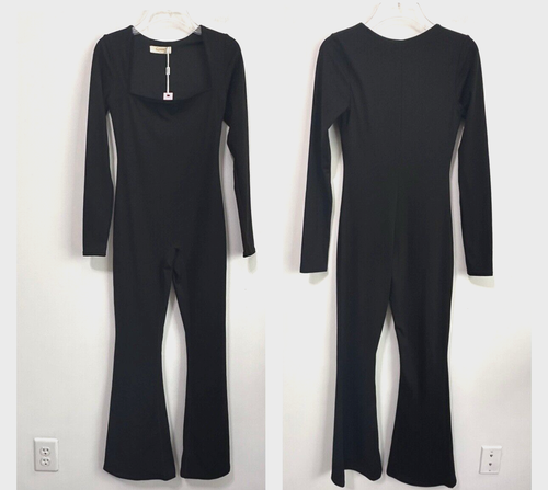 QINSEN Black Jumpsuit M Square Neck Long Sleeve Playsuit Flare Leg Romper NEW