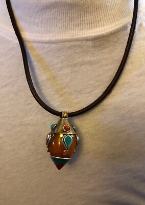 Inlaid Turquoise & Coral Brass Amber Resin Pendant Dezigns By Zetroc