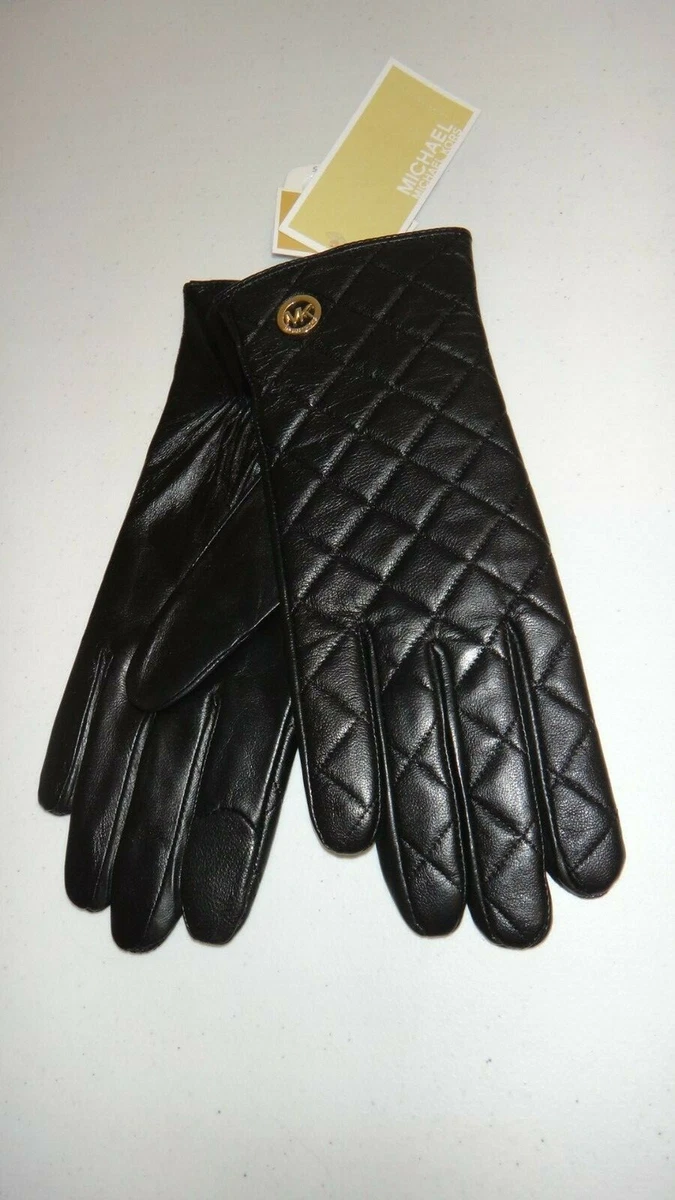 MICHAEL KORS Women s Gloves Black Quilted Genuine Leather Gold MK Logo Size S