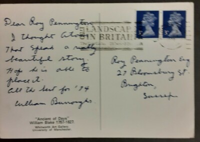 SIGNED William S BURROUGHS postcard written to another author Naked Lunch