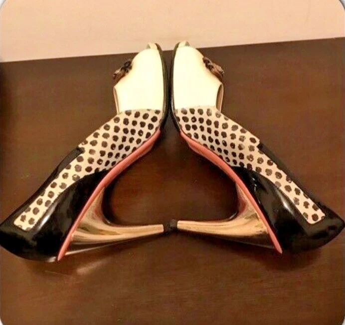 Scarpe décolleté VERSACE MEDUSA punta aperta nero bianco pois vernice pelle tacco TG 38