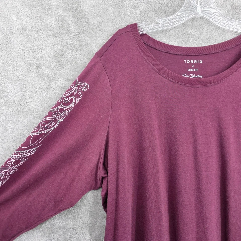Torrid Long Sleeve TShirt 3 Wine Red Purple White Floral Lace Designs Slim Fit - Image 3 of 4