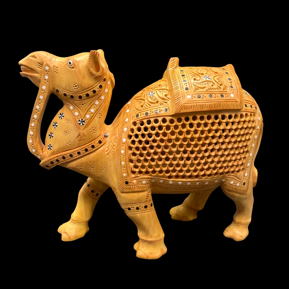 Estatua de madera camello 8" hecha a mano celosía escultura madera natural decoración del hogar regalo Foto 2 de 4