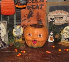 Prim Bethany Lowe Vtg Style Halloween Paper Mache Jack-O-Lantern Pumpkin Bucket