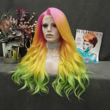 Colorful Hair Wig Heat Ombre Wig Pink Yellow Green Synthetic Lace Front Wigs