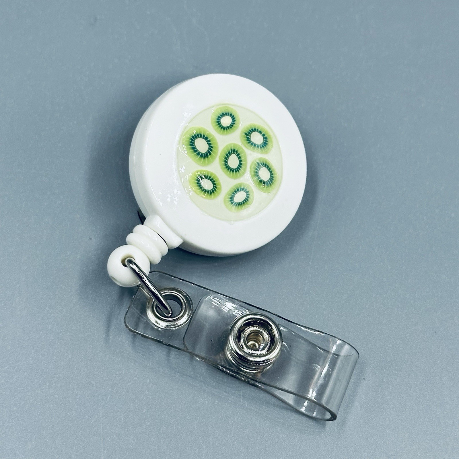 Tiny Kiwi Fruit Slices Retractable Reel ID Badge Lanyard Clip Hand Embellished