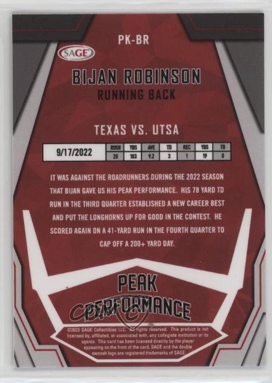 2023 SAGE Low Series Peak Performance Red Bijan Robinson #PK-BR Rookie RC - Image 2 of 2