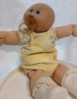 Vintage Cabbage Patch Kids Doll Bald Baby Blue Eyes Pacifier Yellow Outfit 1982