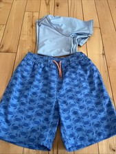 J Crew Crewcuts Boys Medium/Size 8 Blue Crab Swim Trunks And Rash Guard Set