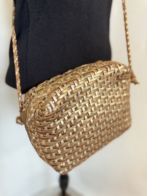 LJS Collection Woven Rustic Leather Weaved Metallic Gold Bronze Braided Purse