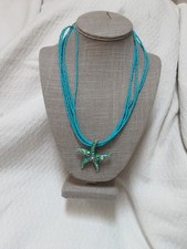 Nautical Opalescent Seed Bead Necklace Metal Blue Starfish Rhinestone 10" Adju